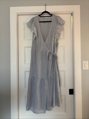 GAP Light Blue and White Striped Wrap Midi Dress with Lace Sleeves